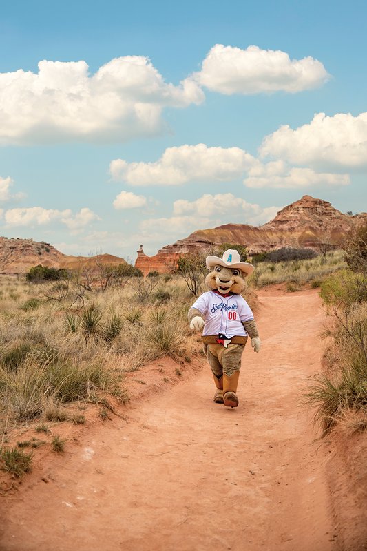 Sod Poodles mascot Ruckus walks in Palo Duro state park