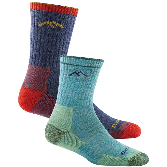 Light blue and dark blue crew socks.