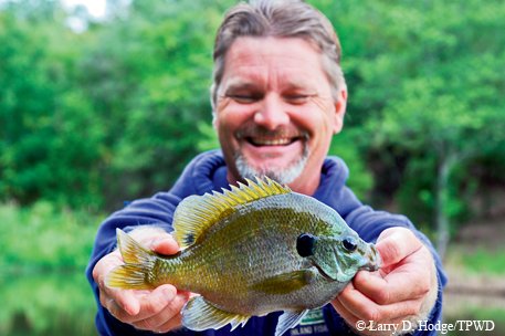 Shane Carter smiles with his bluegill catch