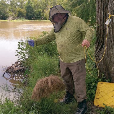 Man in a yellow shirt and khaki pants with a hat and mesh face covering using and eel mop attached to a yellow rope in an attempt to sample the water.