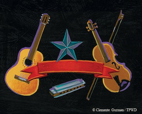Texas River Songs Guitars with a star above a red ribbon and a harmonica below