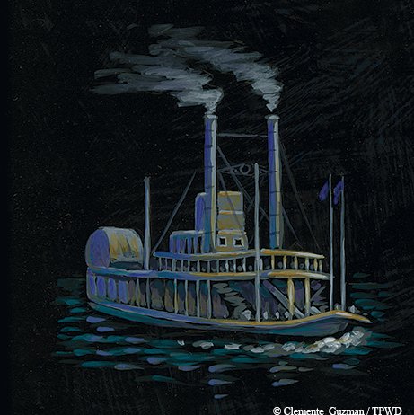 Image of a paddle boat in the water with a black background