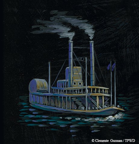 Image of a paddle boat in the water with a black background