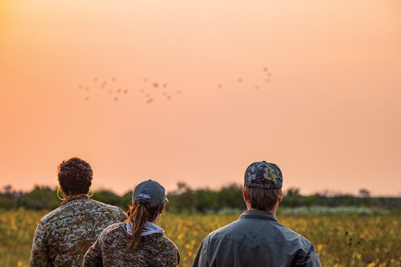 Three Hunters watching birds in flight from a distance.