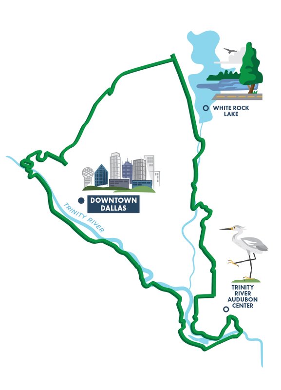 Texas trail (The Loop) map showing a trail that goes around Dallas with interesting stops