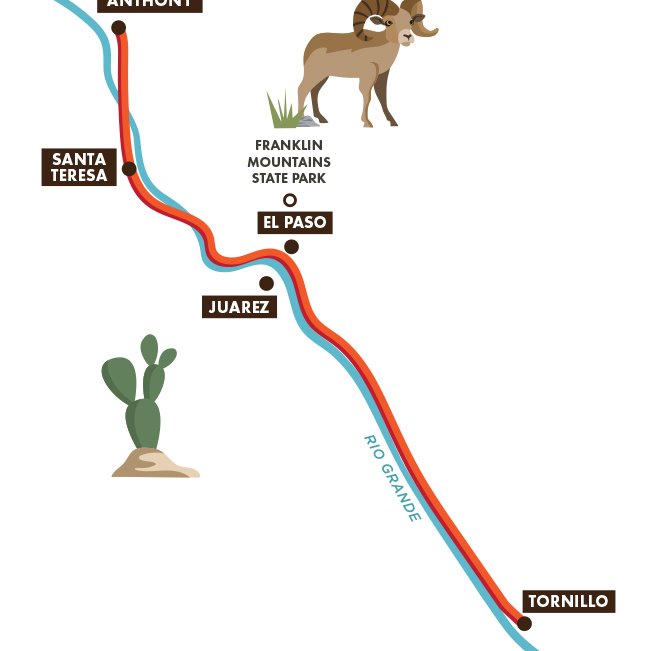 Paso Del Norte Trail Map along the Rio Grande River with cities marked on the trail map