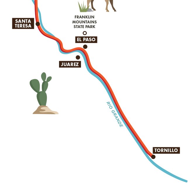 Paso Del Norte Trail Map along the Rio Grande River with cities marked on the trail map