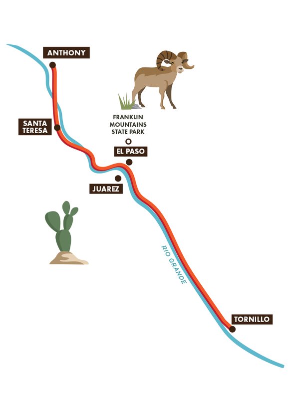 Paso Del Norte Trail Map along the Rio Grande River with cities marked on the trail map