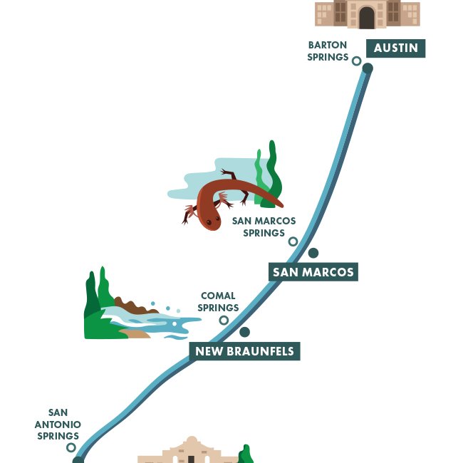 Great Springs Project Texas Trail Map from Austin to San Antonio with cities and sites marked on the map