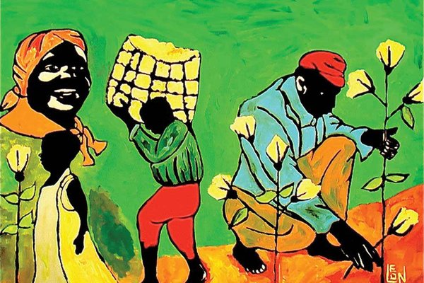 Leon Collins' painting "Days of Cotton" from his exhibit "The Color of Life." The painting uses blocky shapes of black, blue, red, yellow and green and depicts African-Americans picking and harvesting cotton