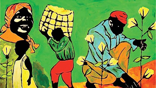 Leon Collins' painting "Days of Cotton" from his exhibit "The Color of Life." The painting uses blocky shapes of black, blue, red, yellow and green and depicts African-Americans picking and harvesting cotton