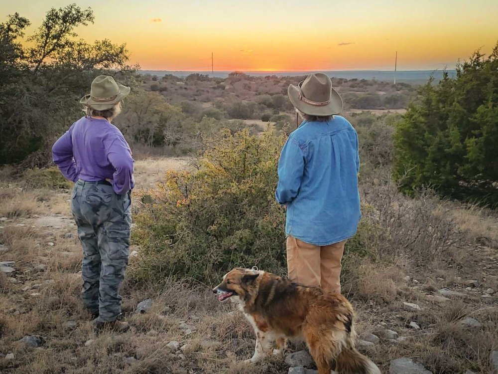Two people and a dog looking out at a view of the hills