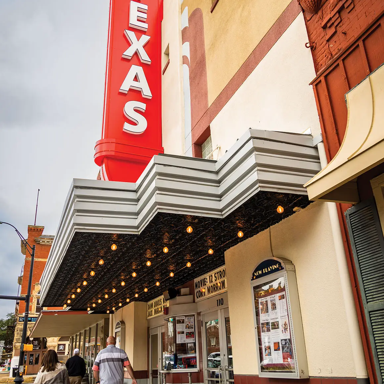 Waxahachie Cinema with a large red Texas sign