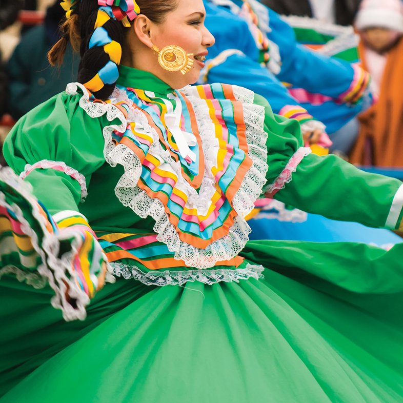 Woman in historical Mexican dresses dancing.