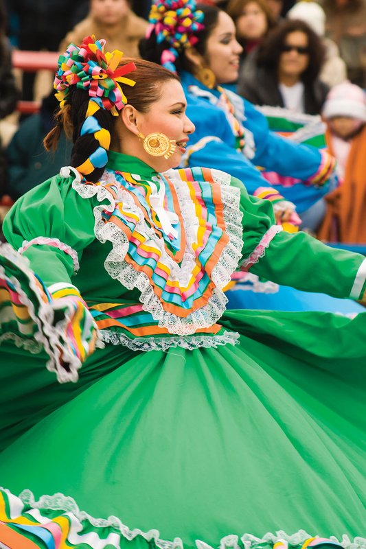 Woman in historical Mexican dresses dancing.