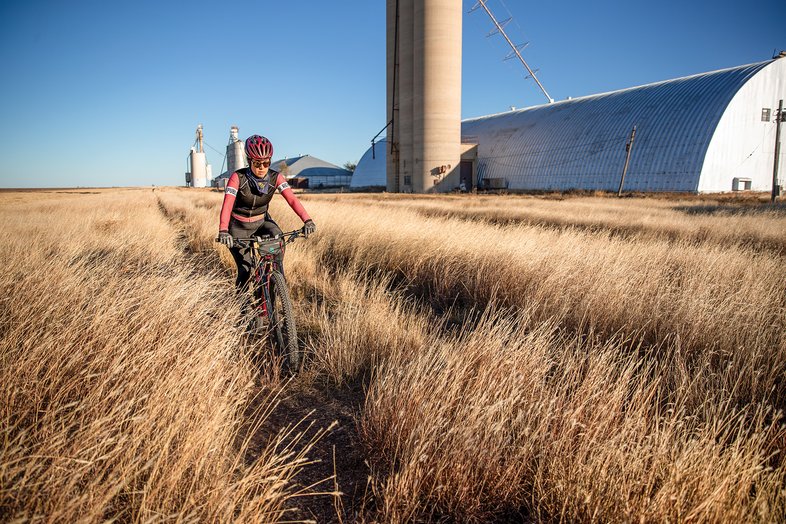 A biker rides on a trail surrounded by tall grass