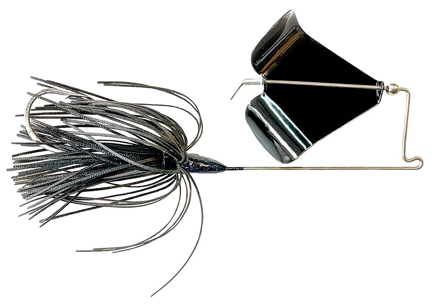 buzz-bait lure with sliver fringe and a black and white top