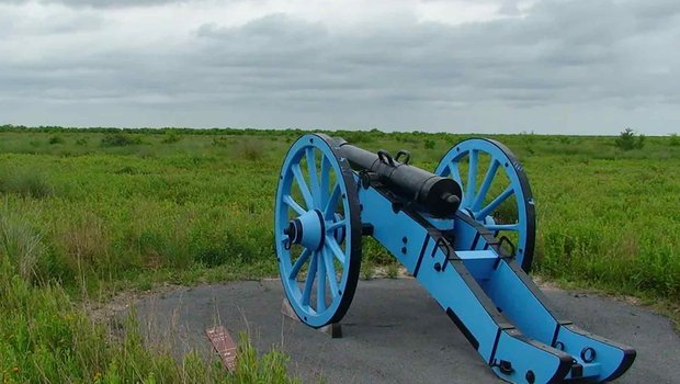 Palo Alto battle site with a blue canon pointed in the direction of an empty, brushy field.