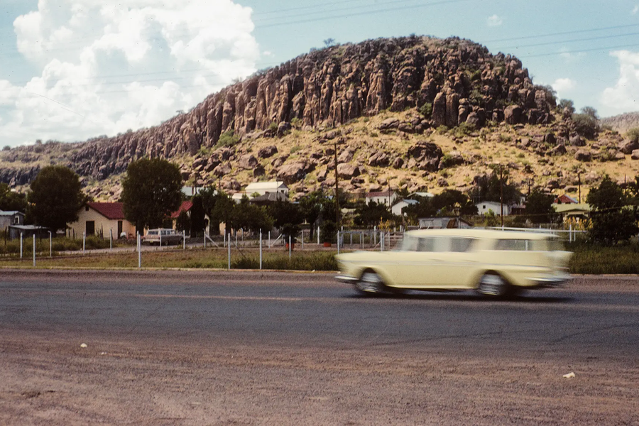 car driving past Davis Mountains 1961