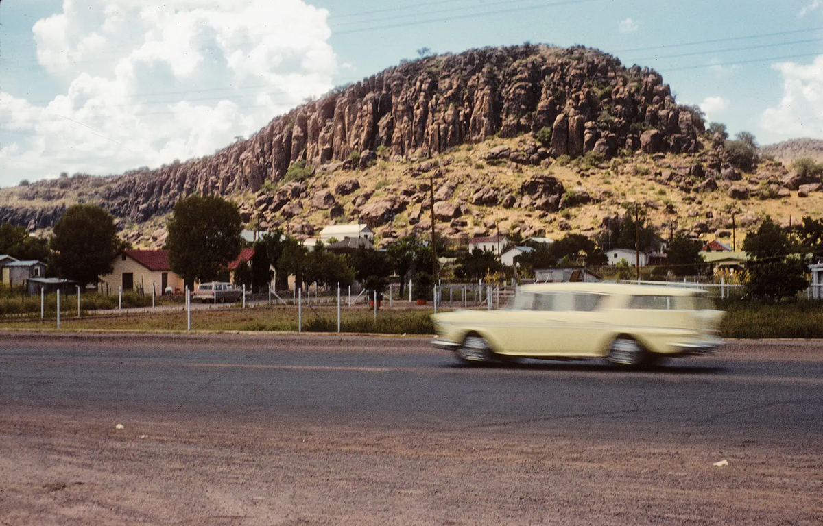 car driving past Davis Mountains 1961