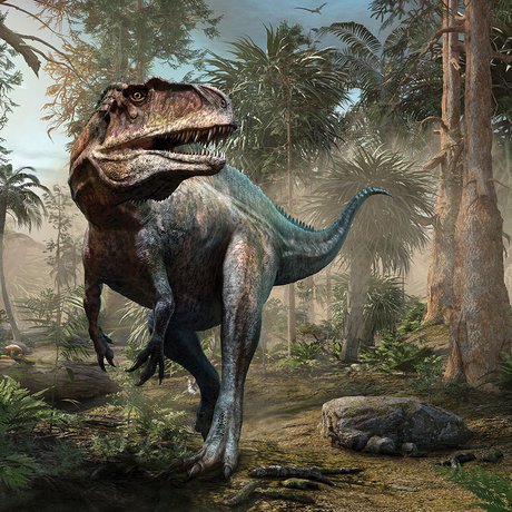 A dinosaur walks across a prehistoric landscape