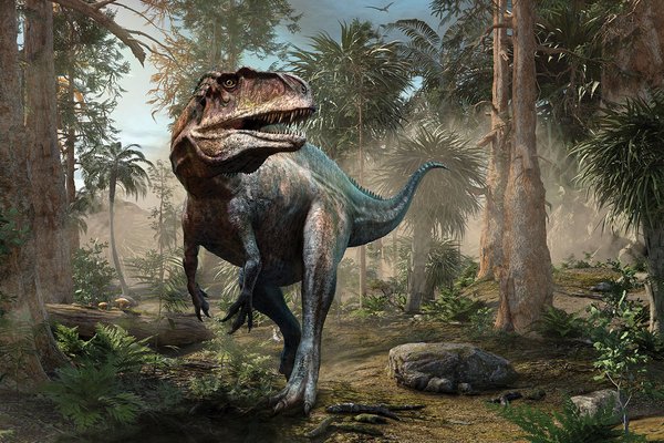A dinosaur walks across a prehistoric landscape
