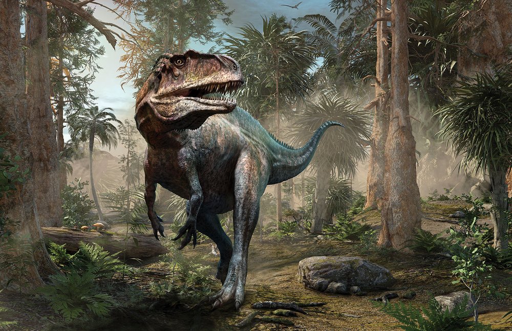 A dinosaur walks across a prehistoric landscape