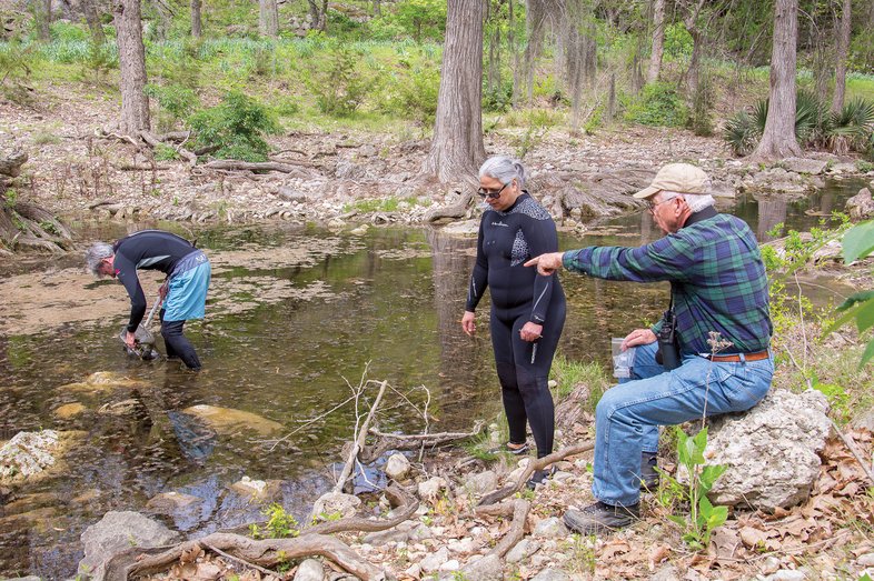 entemologist in and around a stream looking for aquatic caterpillars