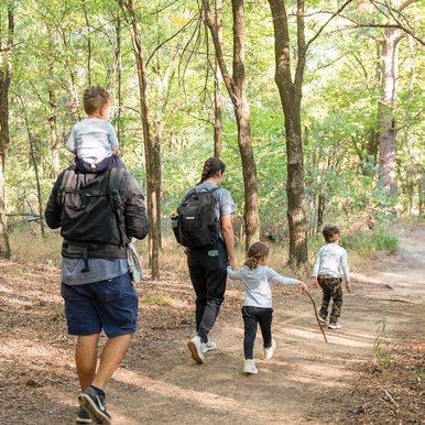 A family with three young kids walking a trail. The youngest is on the father's shoulders.