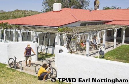 Bikers resting at the Barton Warnock Center in Big Bend Ranch State Park