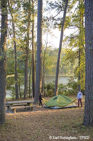 Couple setting up a tent in the woods near the river and a picnic table