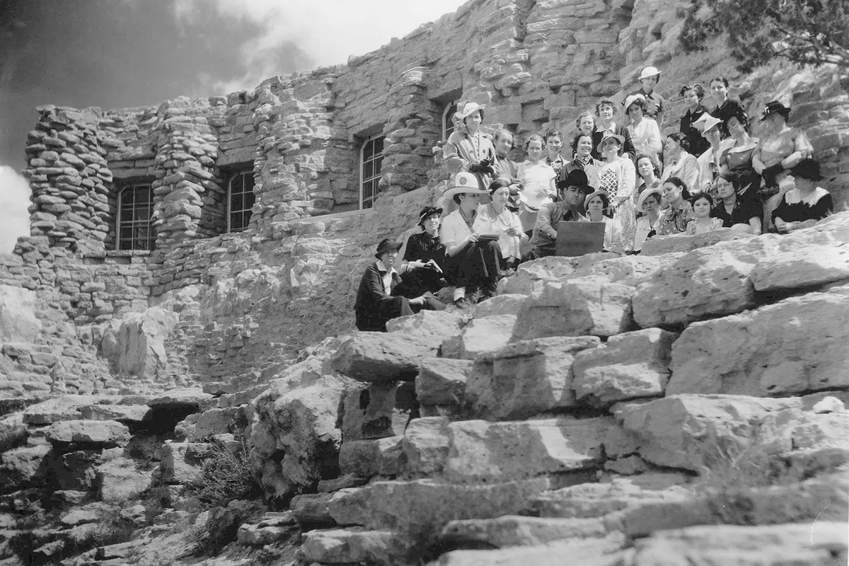Student in Palo Duro Canyon State Park perched on the canyon rim for a lesson in sketching scenery in 1944