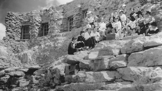 Student in Palo Duro Canyon State Park perched on the canyon rim for a lesson in sketching scenery in 1944