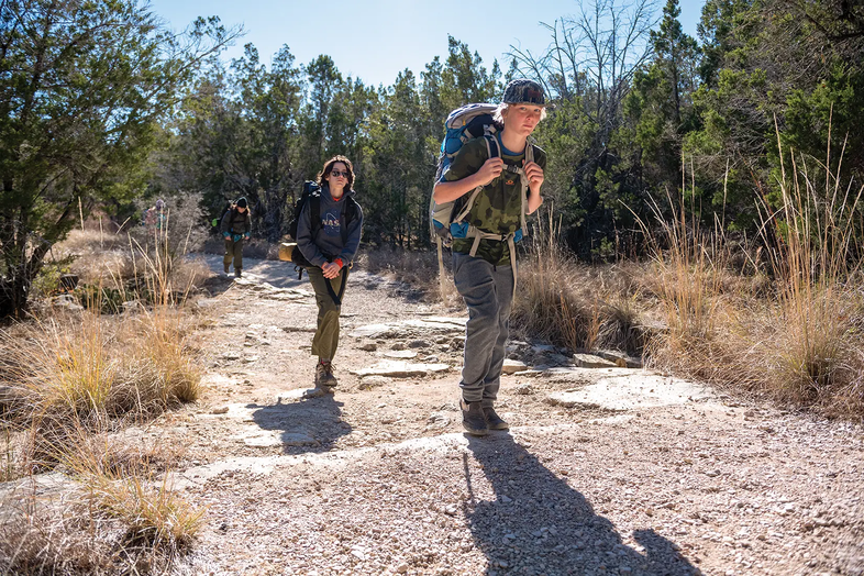 kids backpacking at Pedernales Falls