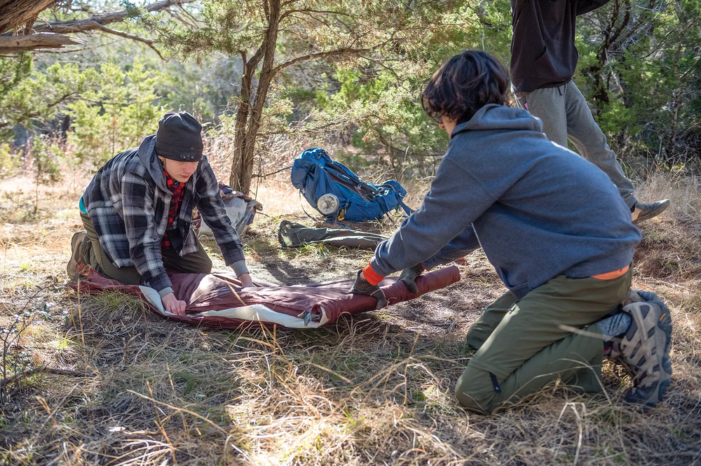 kids pitching tent at Pedernales Falls