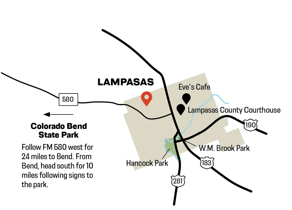 lampasas map marking parks, cafe, and courthouse