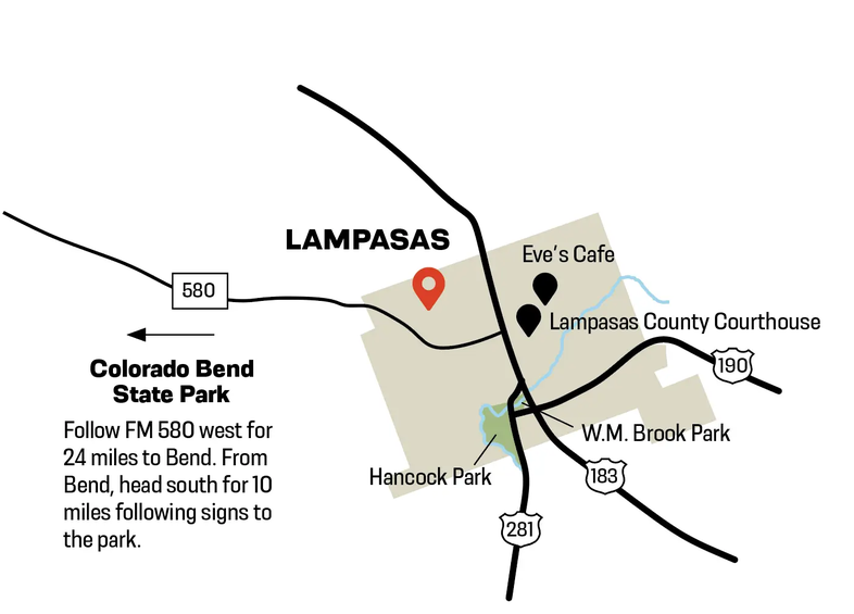 lampasas map marking parks, cafe, and courthouse