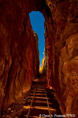 Look up through Mercury Mineshaft of Villa De La Mina in Terlingua
