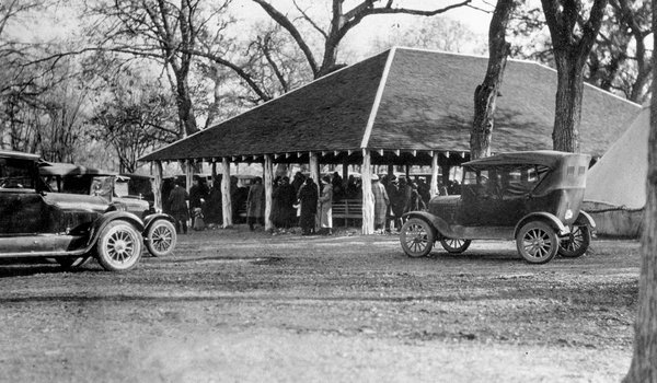 pavilion at Mother Neff in the 1920s with cars and people