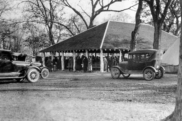 pavilion at Mother Neff in the 1920s with cars and people