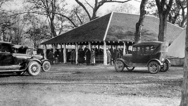 pavilion at Mother Neff in the 1920s with cars and people