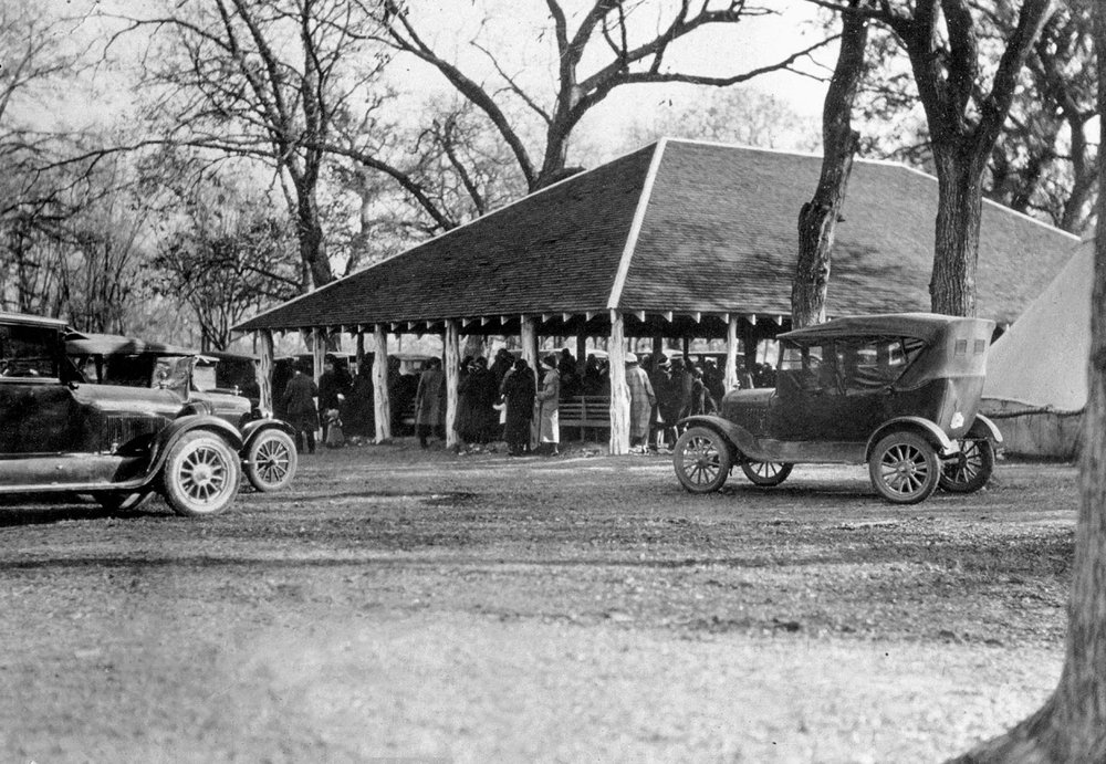 pavilion at Mother Neff in the 1920s with cars and people
