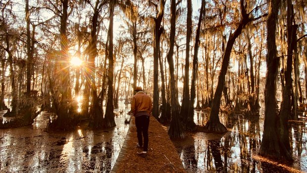 Person walking on a bridge in the swampy land of the Sabine River
