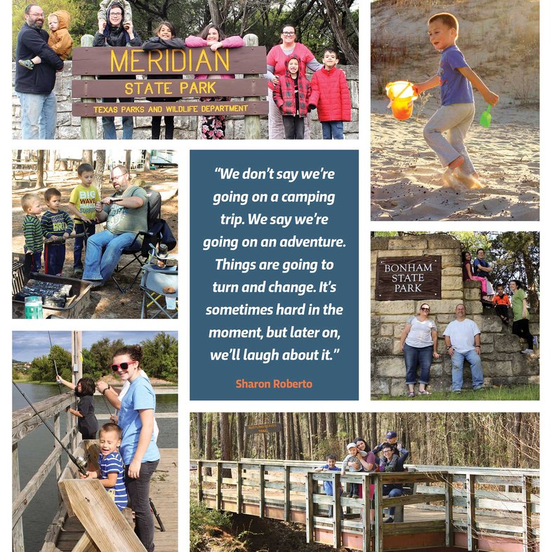 Roberto family collage in front of state park signs with a quote in the middle saying the don't go camping they go on an adventure and though things may be hard they will be able to laugh later.