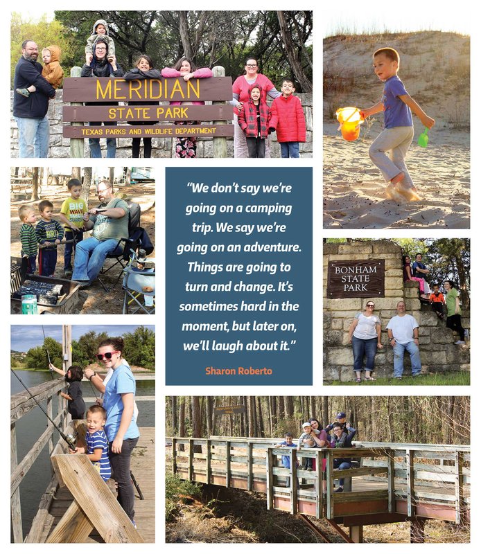 Roberto family collage in front of state park signs with a quote in the middle saying the don't go camping they go on an adventure and though things may be hard they will be able to laugh later.