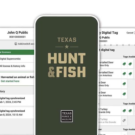 Device screenshots from the Texas Hunt & Fish app