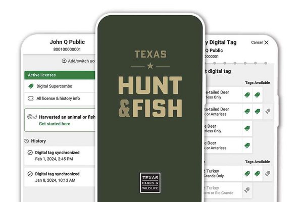 Device screenshots from the Texas Hunt & Fish app