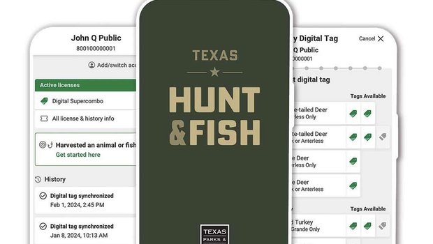 Device screenshots from the Texas Hunt & Fish app
