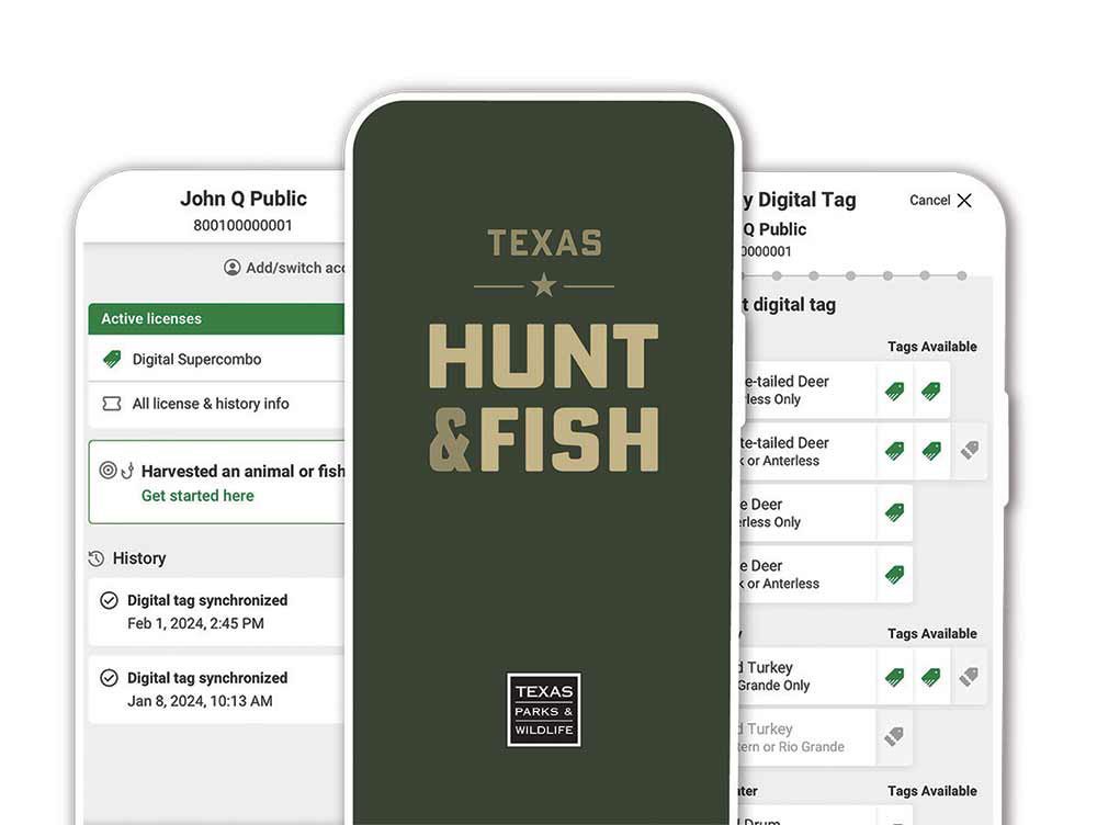Device screenshots from the Texas Hunt & Fish app