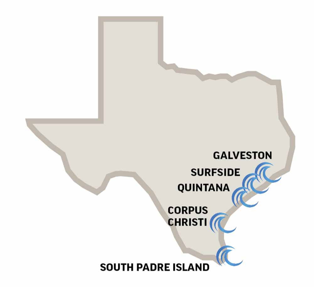 A map of surf-able destinations in Texas, highlighting Galveston, Surfside, Quintana, Corpus Christi and South Padre Island